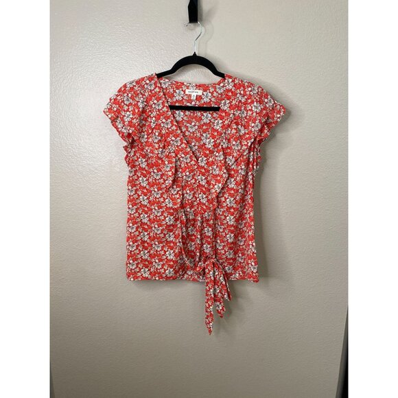 Max Studio Womens Red Floral Wrap Tie Blouse Size M Lightweight Short Sleeve Top - Picture 1 of 7